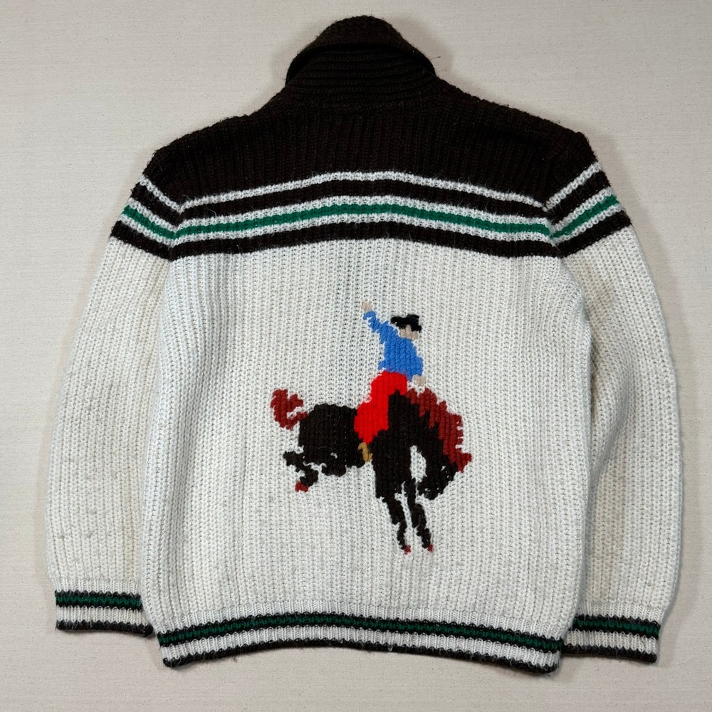 Vintage Cowichan Knit Cardigan Sweater Cowboy Bronco Lightning Zip 20.5x24 Small